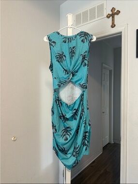 Amazon Teal Tropical Print Cutout Dress